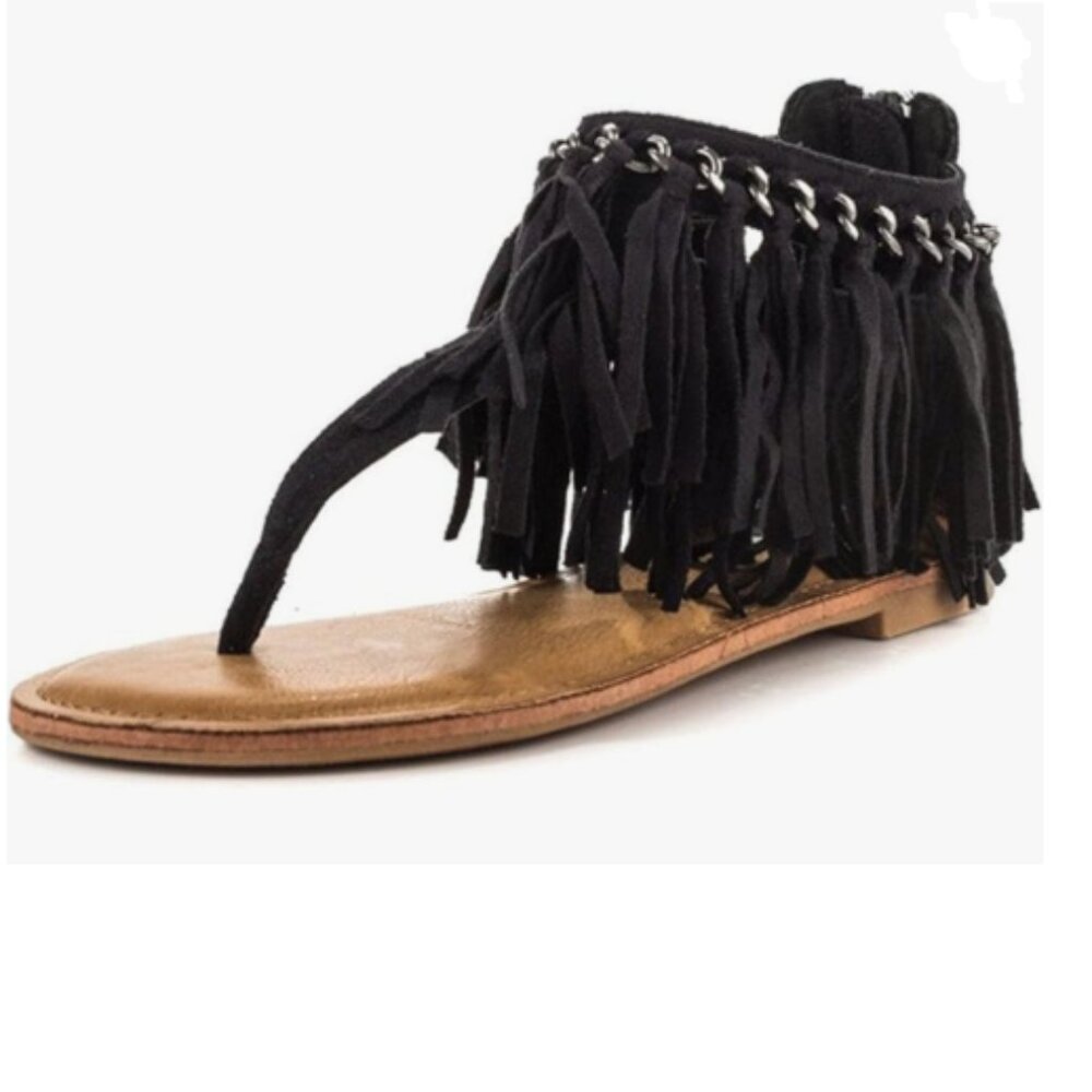 YDN Black Flip Flop Fringes Thong Flats Suede Tassels Metal Chain Sandals